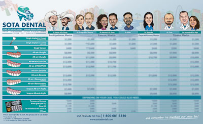 A price list from SOTA Dental Mexico. The price list is colorful and has characters of SOTA Dental dentists on it.