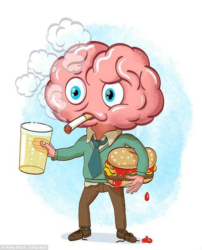 A humorous cartoon of a brain smoking a cigarette. He has legs and arms and is holding a beer and a big cheeseburger.