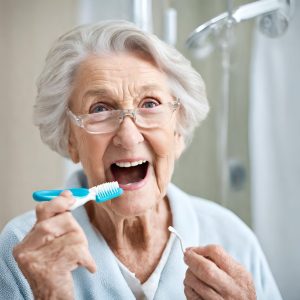 Elderly brushing her teeth.