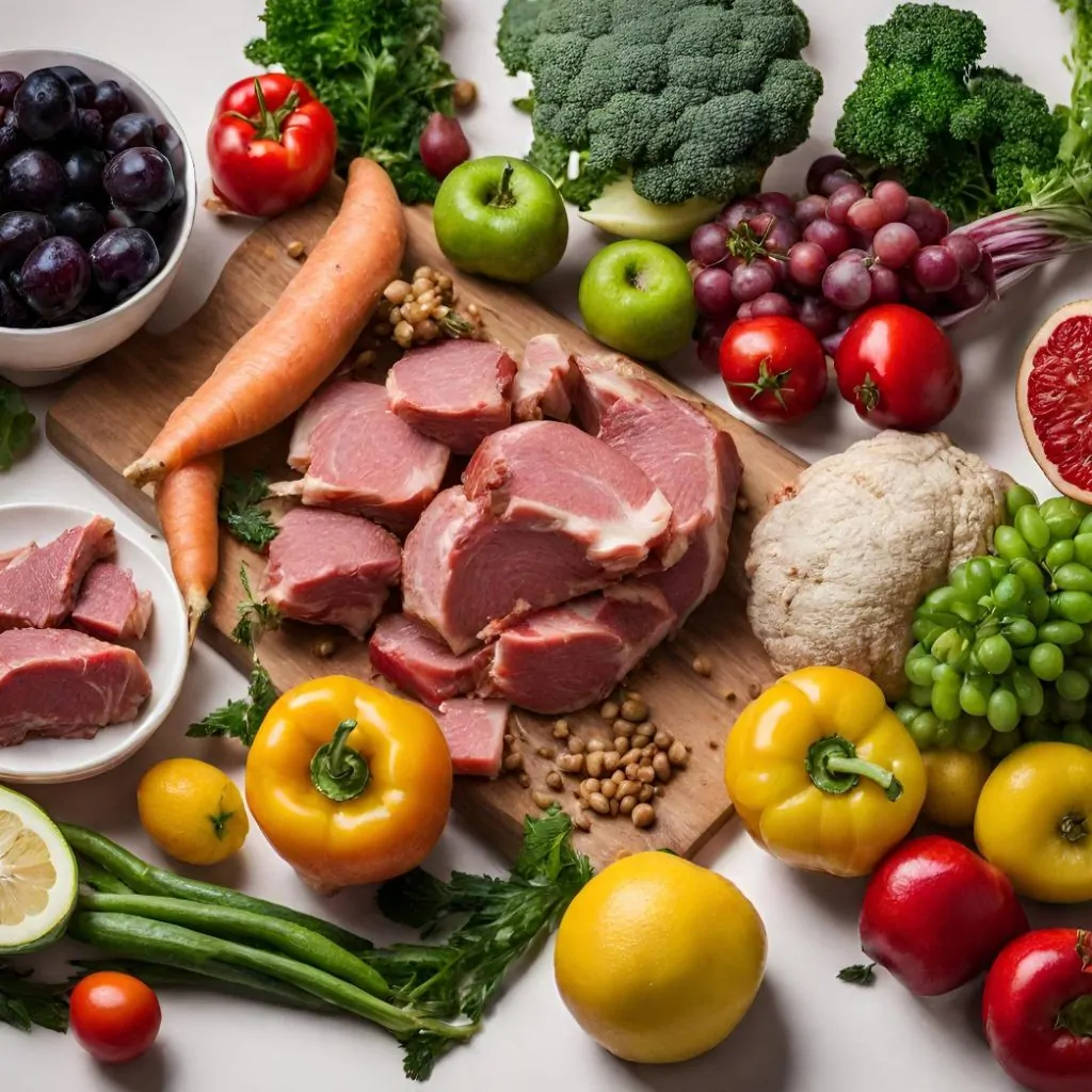 Meats, fruits and vegetables are shown, referring to the diet after an All on 4 treatment in Mexico.